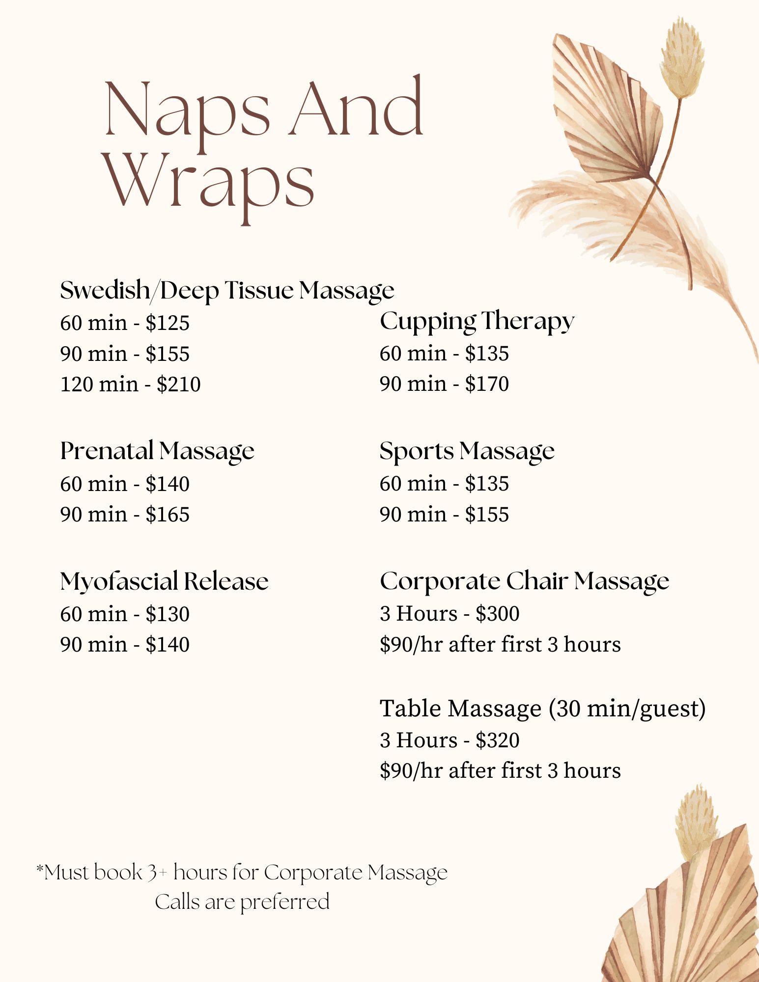 Massage service price list with dried palm leaf decorations